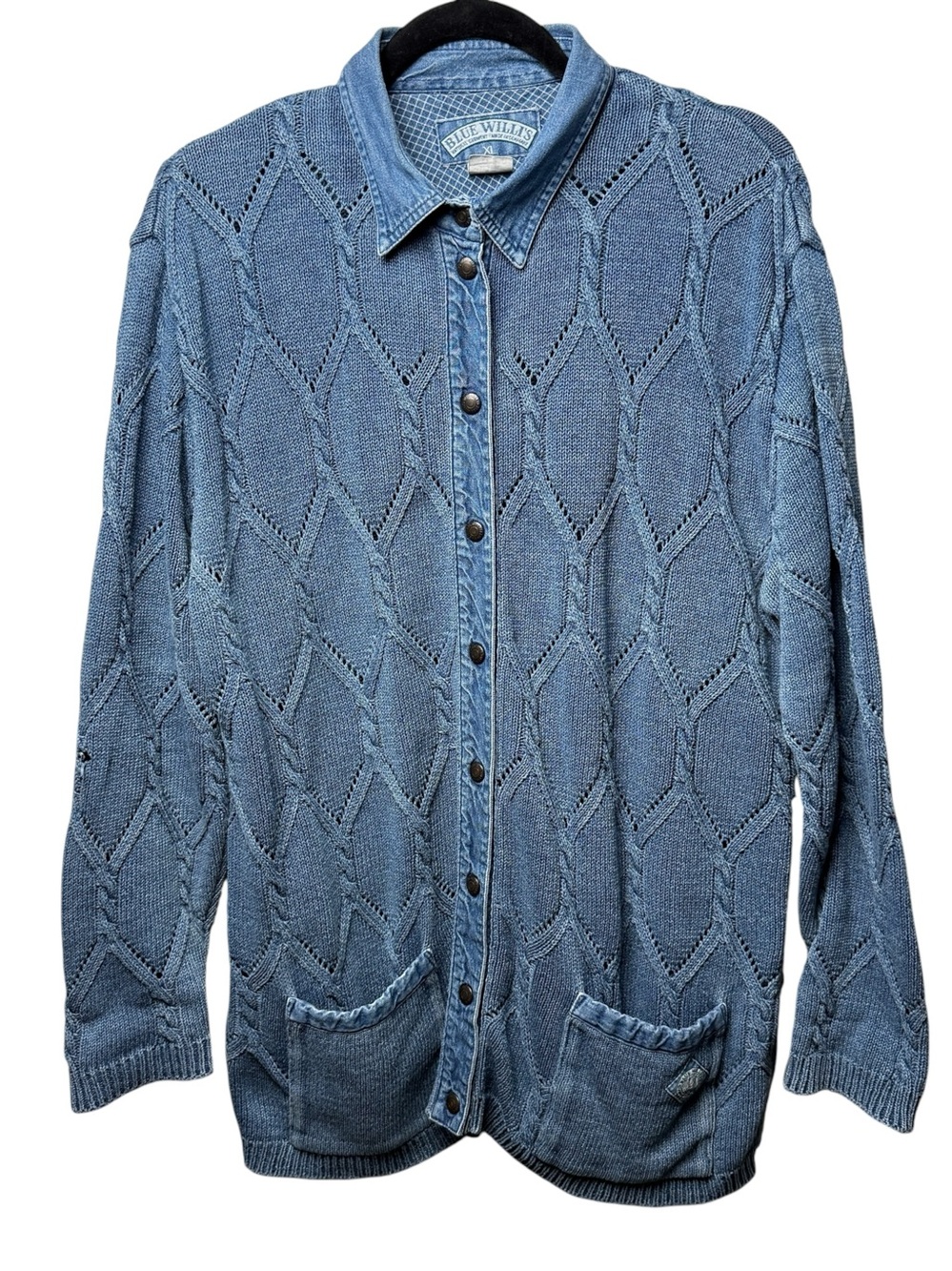 Vintage Blue Willi’s Denmark Cable Knit Cardigan Sweater Denim Snap Front SZ XL